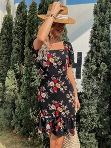 Vestido con estampado floral de manga farol de cuello cuadrado bajo con fruncido - Negro - Ver 6