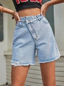 SHEIN EZwear Quần short Denim Kiểu thềm Eo Raw Hem - Rửa nhẹ - Xem 1