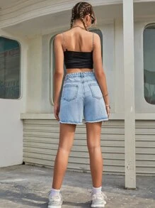 SHEIN EZwear Quần short Denim Kiểu thềm Eo Raw Hem - Rửa nhẹ - Xem 2