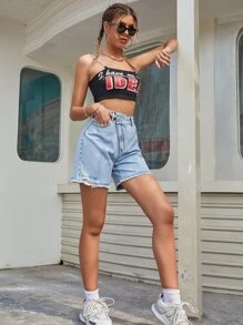 SHEIN EZwear Quần short Denim Kiểu thềm Eo Raw Hem - Rửa nhẹ - Xem 4