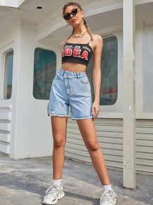 SHEIN EZwear Quần short Denim Kiểu thềm Eo Raw Hem - Rửa nhẹ - Xem 5