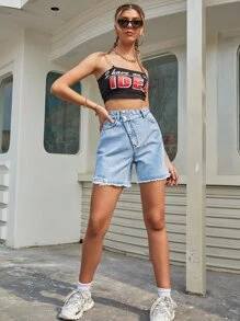 SHEIN EZwear Quần short Denim Kiểu thềm Eo Raw Hem - Rửa nhẹ - Xem 6
