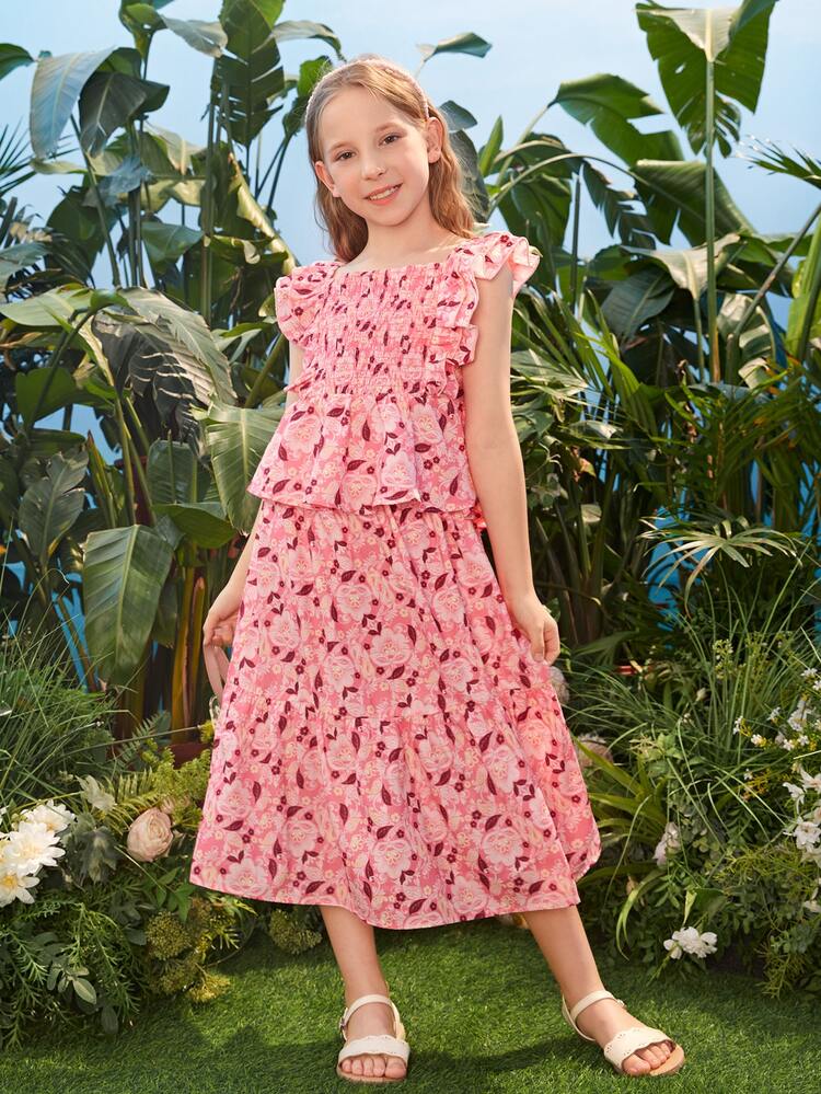 SHEIN Girls Allover Floral Print Shirred Top & Ruffle Hem Skirt - Multicolor - View 2