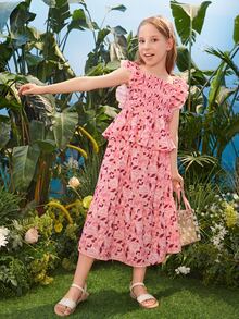 SHEIN Girls Allover Floral Print Shirred Top & Ruffle Hem Skirt - Multicolor - View 5