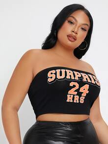 SHEIN SXY 大碼字母圖案抹胸短款上衣 - 黑色 - 查看 4