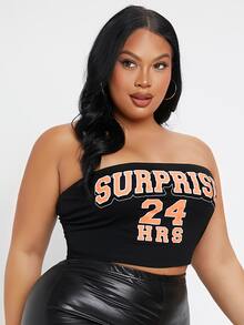 SHEIN SXY 大碼字母圖案抹胸短款上衣 - 黑色 - 查看 8