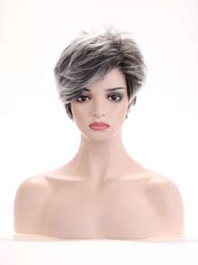 漸層短卷人造假髮帶劉海 - 深灰色 - 查看 1