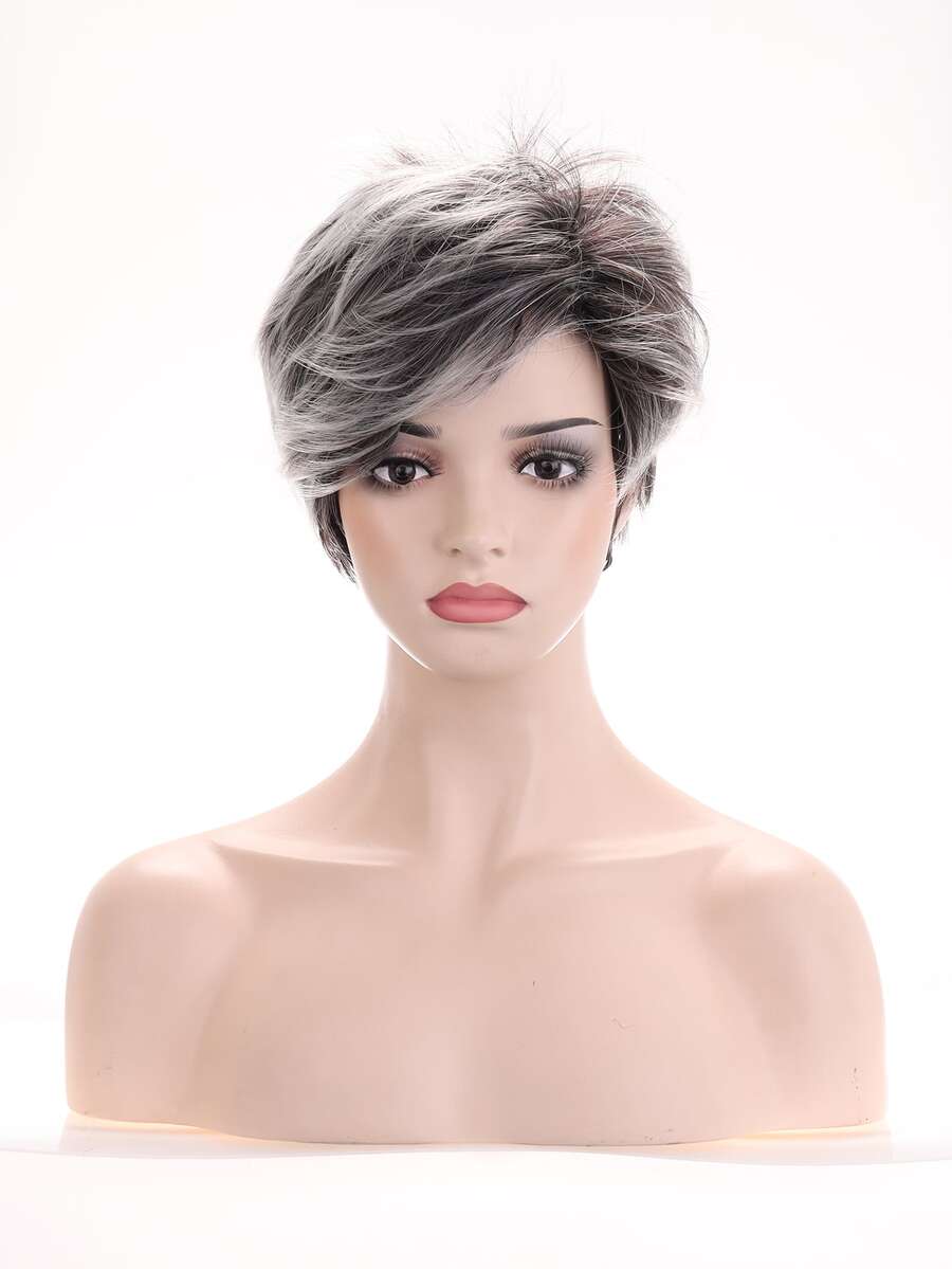 漸層短卷人造假髮帶劉海 - 深灰色 - 查看 1