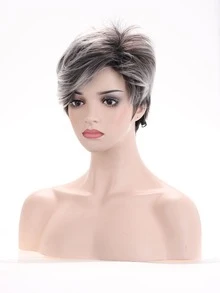 漸層短卷人造假髮帶劉海 - 深灰色 - 查看 3