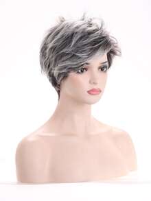 漸層短卷人造假髮帶劉海 - 深灰色 - 查看 4