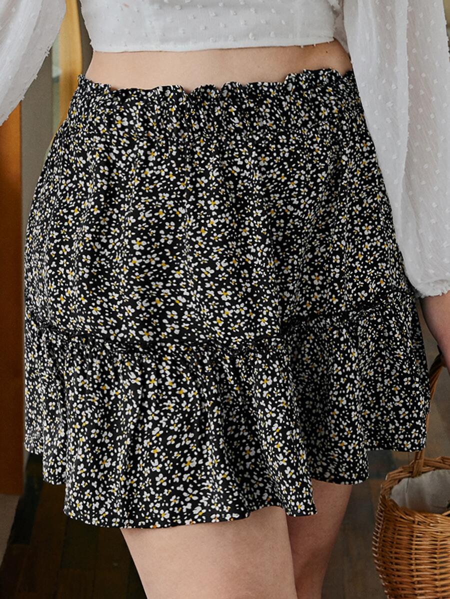 SHEIN Falda con estampado floral bajo con fruncido - Multicolor - Ver 1