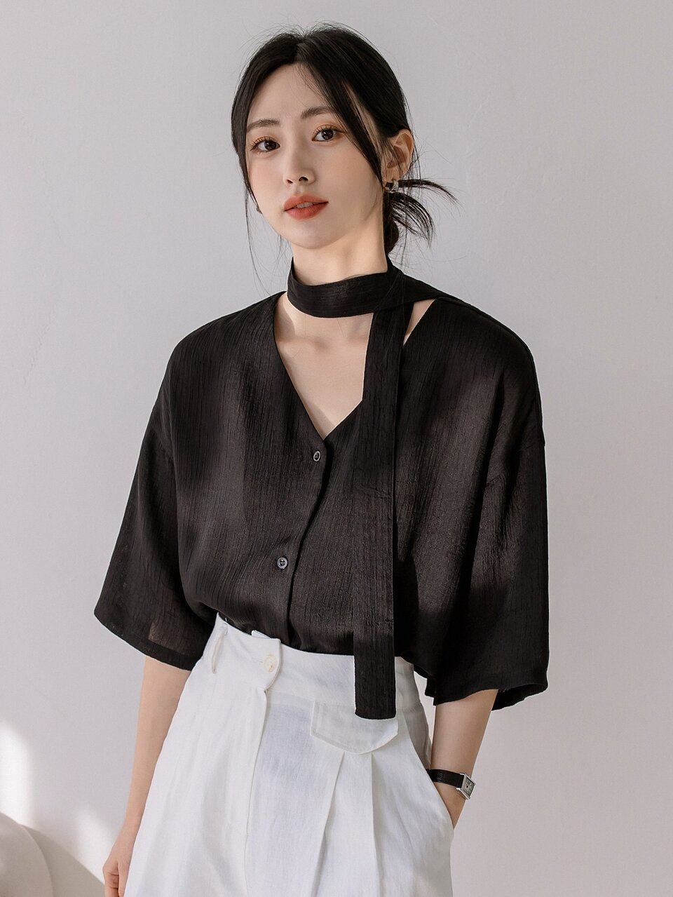 Drop Shoulder Button Through Blouse