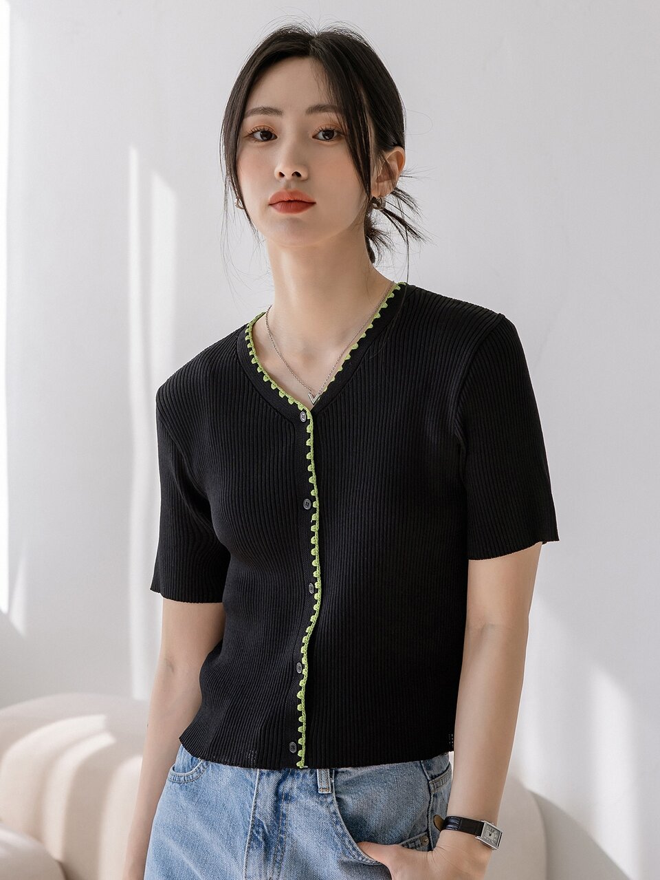 Whipstitch Trim Ribbed Knit Top