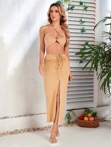 Váy nữ Dây kéo Tách cao màu trơn Thanh lịch - Màu be - Xem 3