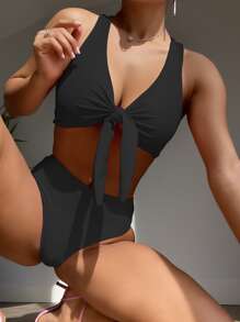 Figure Graphic Knot Front Bikini Set, For Summer Beach Vacation - Black - View 2