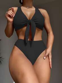 Figure Graphic Knot Front Bikini Set, For Summer Beach Vacation - Black - View 5
