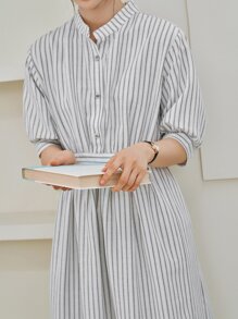 DAZY Striped Puff Sleeve Half Button Belted Dress - White - View 1