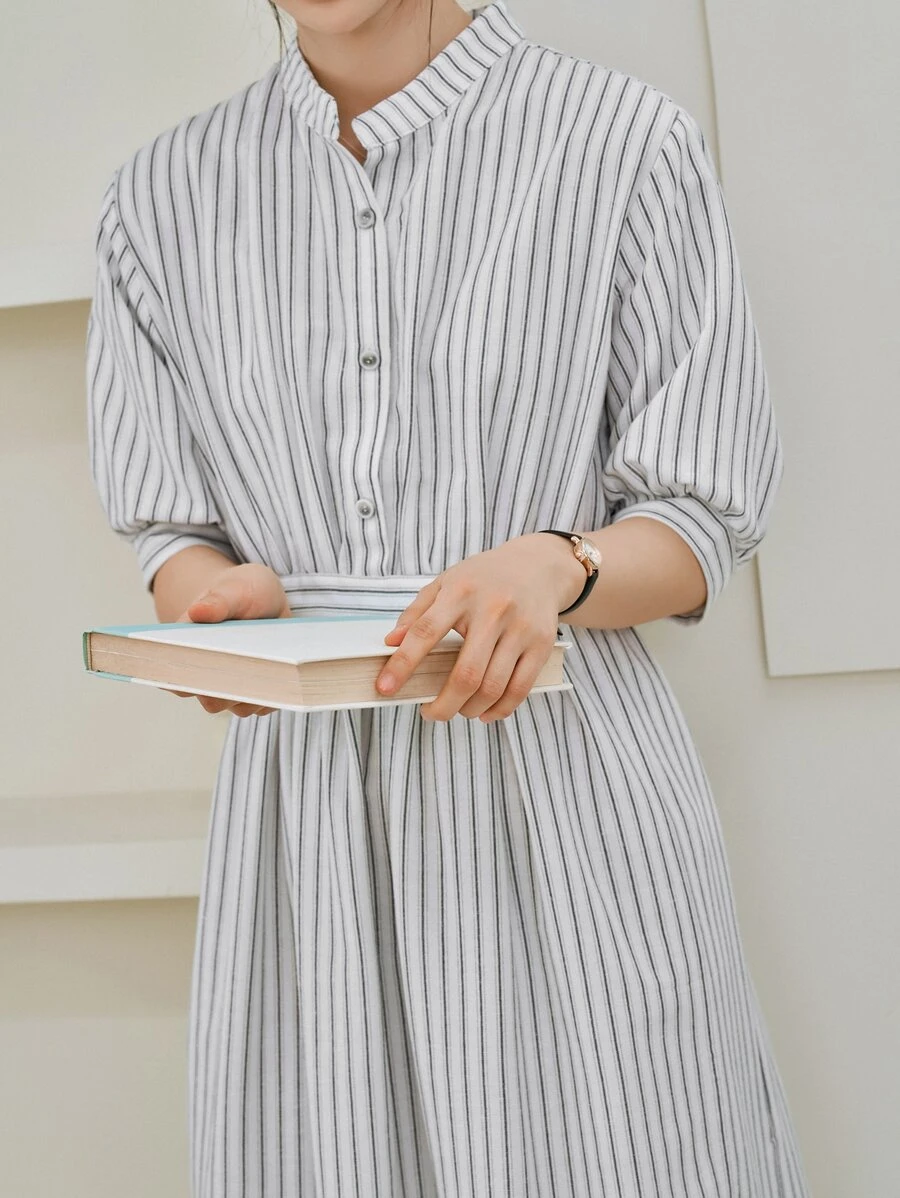 DAZY Striped Puff Sleeve Half Button Belted Dress - White - View 1