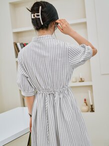 DAZY Striped Puff Sleeve Half Button Belted Dress - White - View 2