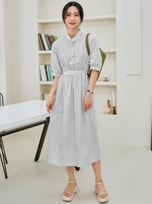 DAZY Striped Puff Sleeve Half Button Belted Dress - White - View 3