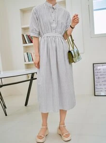 DAZY Striped Puff Sleeve Half Button Belted Dress - White - View 4