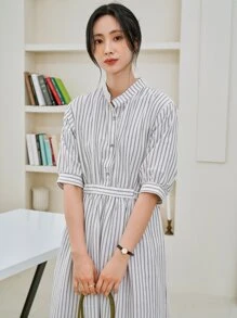 DAZY Striped Puff Sleeve Half Button Belted Dress - White - View 5