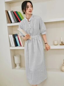DAZY Striped Puff Sleeve Half Button Belted Dress - White - View 6