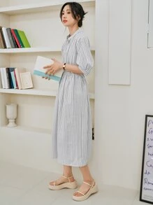 DAZY Striped Puff Sleeve Half Button Belted Dress - White - View 7