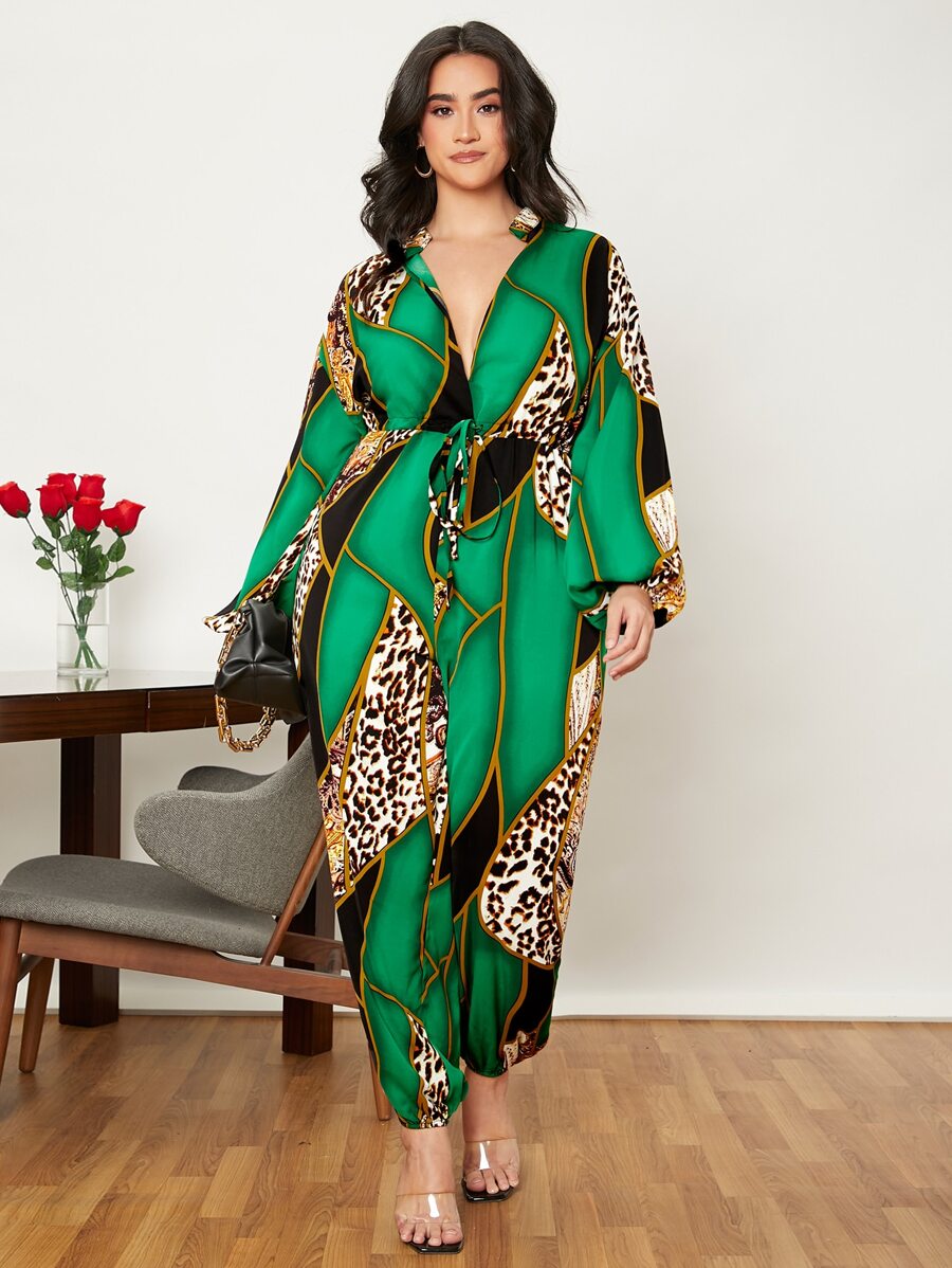 SHEIN Clasi Jumpsuits Plus Size Dây kéo Báo Họa tiết Chain Thanh lịch - Nhiều màu - Xem 1