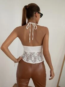 SHEIN Unity Knotted Lace Hem Halter Top - White - View 2