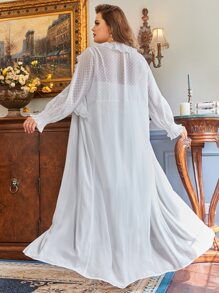 SHEIN Unity Plus Swiss Dot Ruffle Trim Robe & Slip Dress - White - View 2