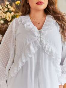 SHEIN Unity Plus Swiss Dot Ruffle Trim Robe & Slip Dress - White - View 6