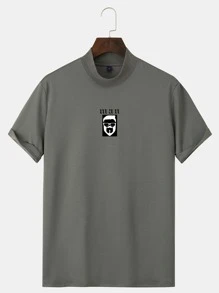 Manfinity Homme Men Letter & Figure Graphic Mock Neck Tee - Dark Grey - View 1