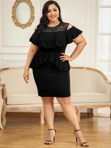 CurvySweet 大碼挖肩荷葉邊細節花卉蕾絲刺繡緊身洋裝 - 黑色 - 查看 4