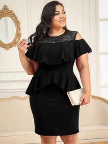 CurvySweet 大碼挖肩荷葉邊細節花卉蕾絲刺繡緊身洋裝 - 黑色 - 查看 5