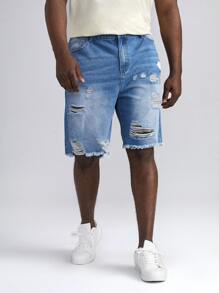 Manfinity VCAY Men Plus Ripped Raw Hem Denim Shorts - Medium Wash - View 1