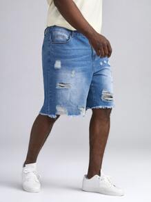 Manfinity VCAY Men Plus Ripped Raw Hem Denim Shorts - Medium Wash - View 3