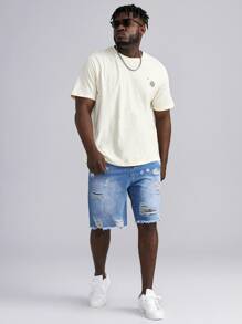 Manfinity VCAY Men Plus Ripped Raw Hem Denim Shorts - Medium Wash - View 4