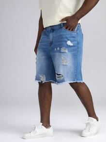 Manfinity VCAY Men Plus Ripped Raw Hem Denim Shorts - Medium Wash - View 5
