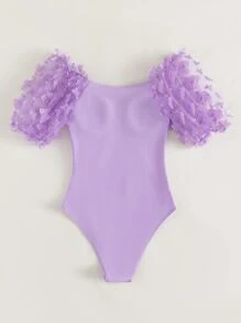 蝴蝶貼花褶邊連體泳衣 - 紫丁香色 - 查看 3
