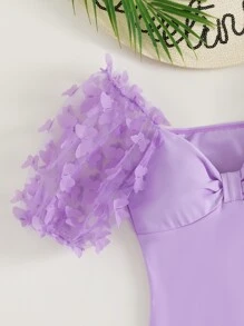 蝴蝶貼花褶邊連體泳衣 - 紫丁香色 - 查看 6