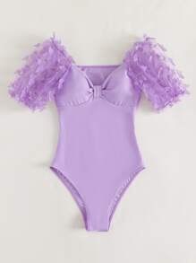 蝴蝶貼花褶邊連體泳衣 - 紫丁香色 - 查看 7