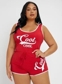 SHEIN SXY Jumpsuits Plus Size Thắt nút Tương phản ràng buộc Lá thư Thể thao - Đỏ - Xem 3