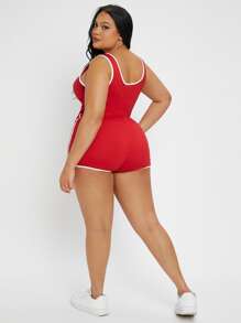 SHEIN SXY Jumpsuits Plus Size Thắt nút Tương phản ràng buộc Lá thư Thể thao - Đỏ - Xem 2