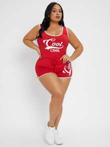 SHEIN SXY Jumpsuits Plus Size Thắt nút Tương phản ràng buộc Lá thư Thể thao - Đỏ - Xem 1