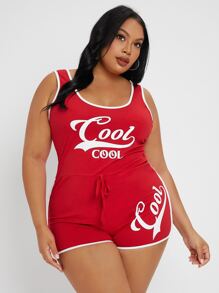 SHEIN SXY Jumpsuits Plus Size Thắt nút Tương phản ràng buộc Lá thư Thể thao - Đỏ - Xem 4