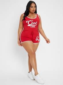 SHEIN SXY Jumpsuits Plus Size Thắt nút Tương phản ràng buộc Lá thư Thể thao - Đỏ - Xem 5