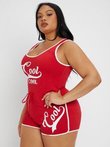 SHEIN SXY Jumpsuits Plus Size Thắt nút Tương phản ràng buộc Lá thư Thể thao - Đỏ - Xem 6