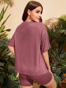 SHEIN Essnce Bộ đồ hai mảnh nữ màu trơn Giải trí - Gỗ đỏ - Xem 3