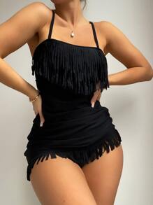 SHEIN Swim 單色坦基尼套裝流蘇下擺泳衣洋裝附比基尼下裝2入組泳衣 - 黑色 - 查看 1